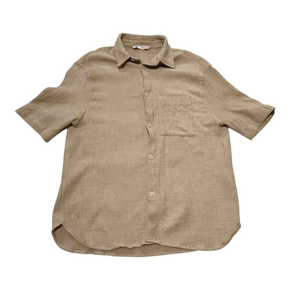 Zara Tan Casual Button Down Shirt Short Sleeve